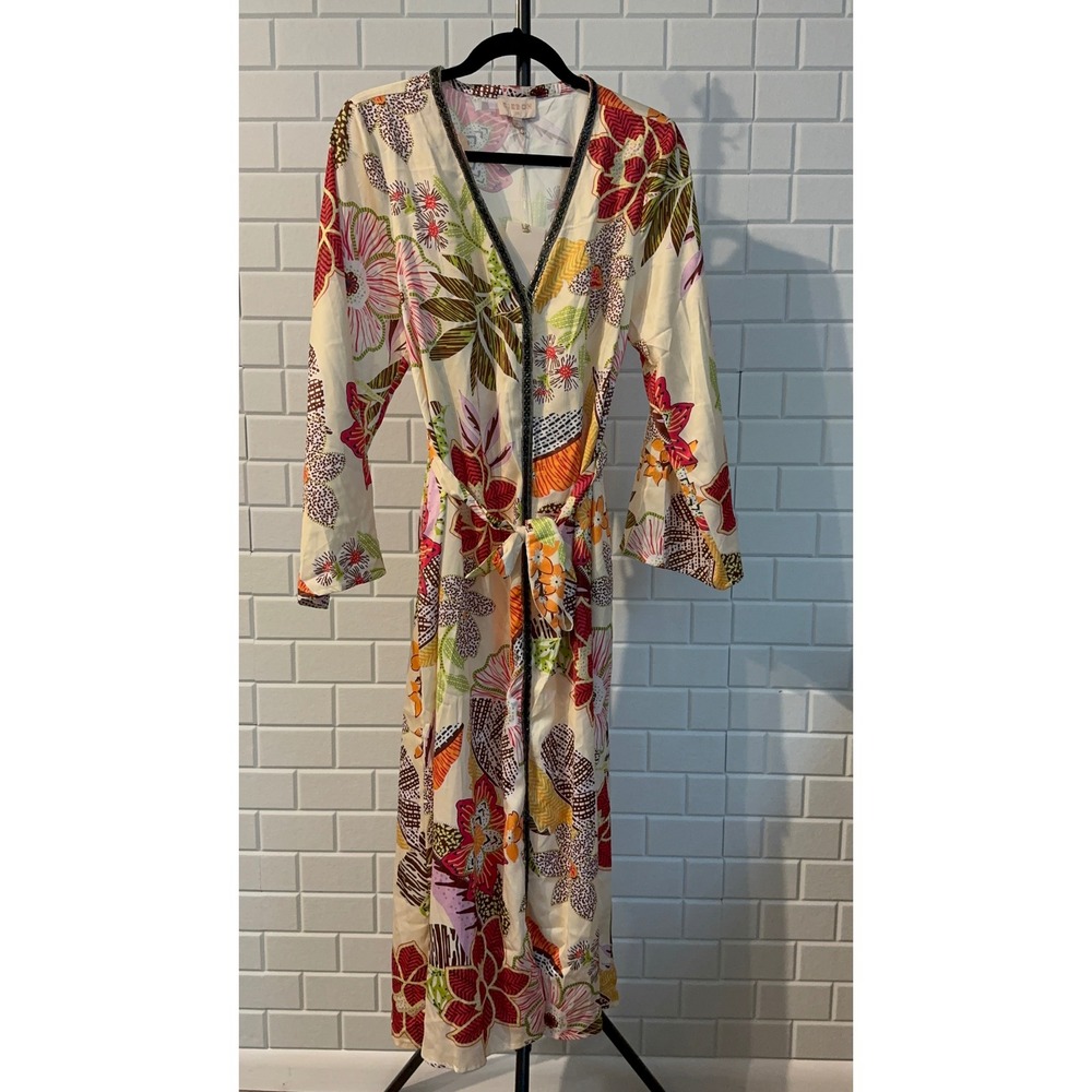 Ciebon Floral Duster Robe XS Cream Multi Beaded Trim Longline Belted Kimono NEW
